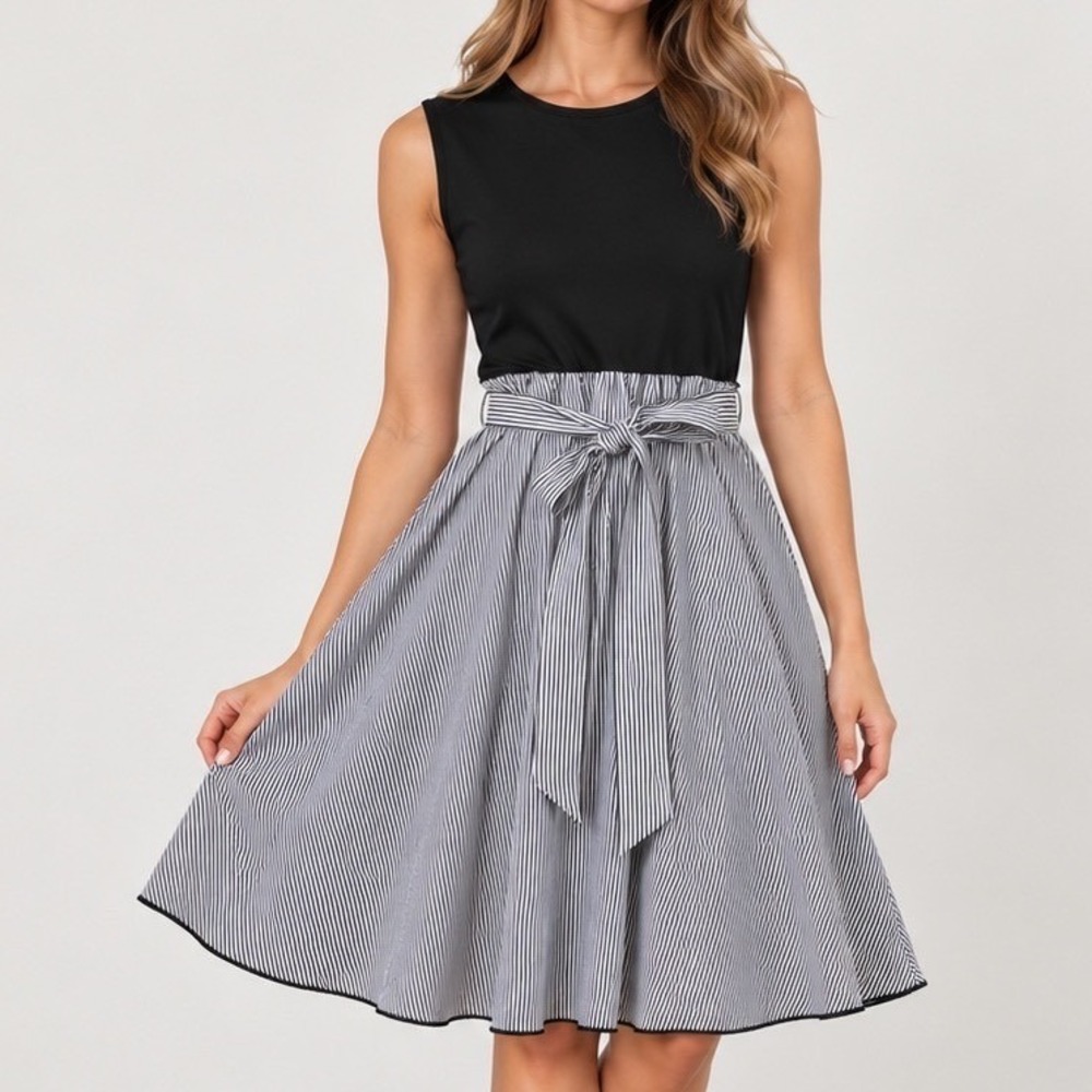 Black White Pinstripe Fit & Flare Dress M Belted A-Line Preppy Office Minimalist